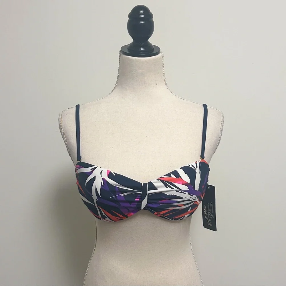 Skye Navy Blue Leaves Removable Strap Back Tie Underwire Bandeau Bikini Top NOS